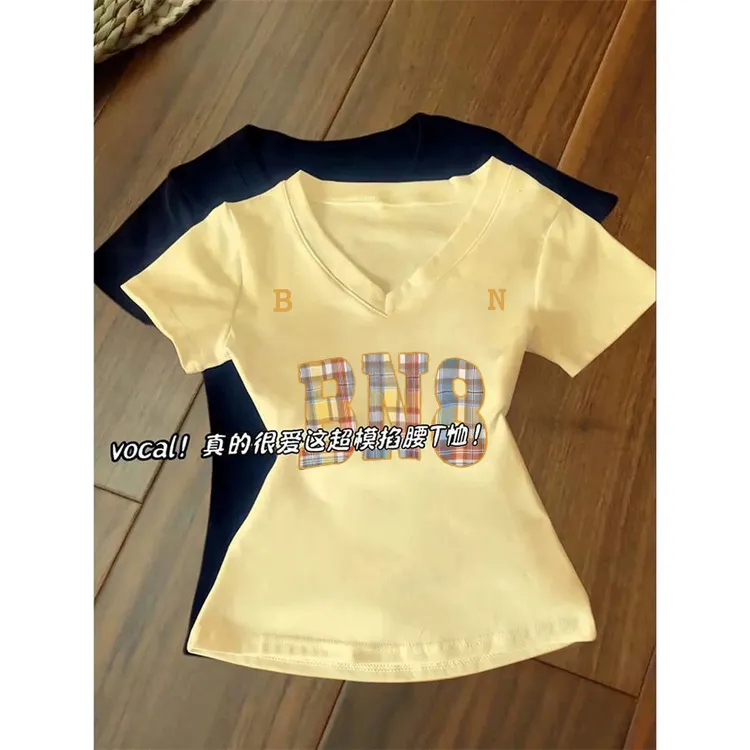 【ZHAP】V领正肩短袖t恤女厚实盐系欧美风爆款简约百搭显瘦上衣潮