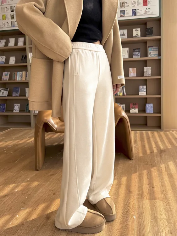 白色毛呢阔腿裤女秋冬2025新款高腰垂感加绒显瘦蚕丝休闲直筒裤子