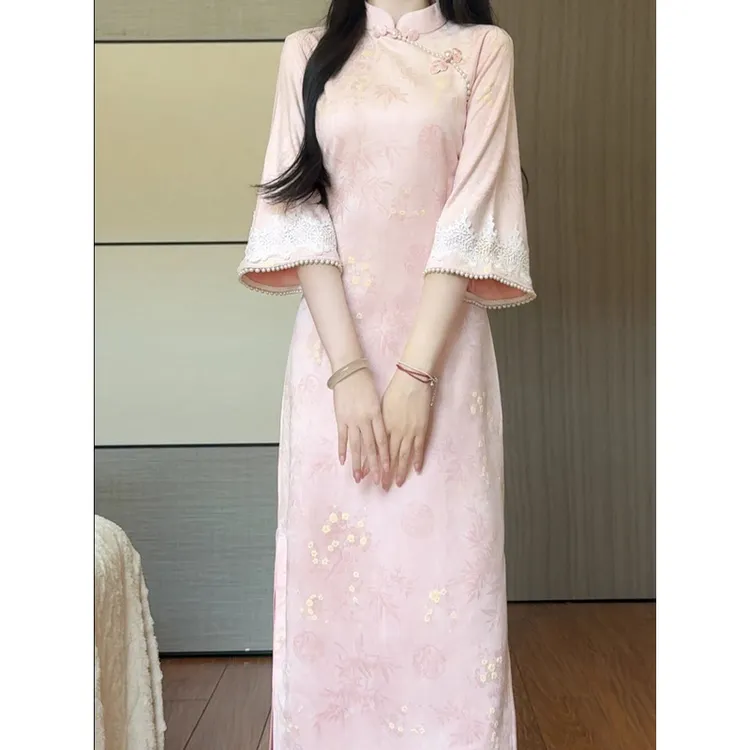 粉色旗袍秋冬季中长款新中式小个子年轻款修身收腰大袖国风连衣裙