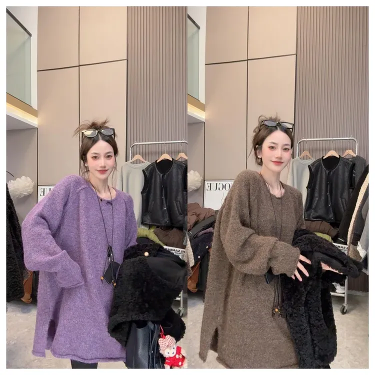 【经典过冬】秋冬穿搭~洋气显瘦侧开叉圆领针织中长款长袖毛衣