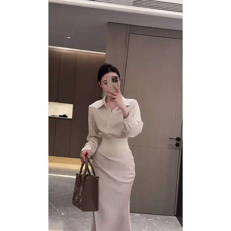 韩系简约气质套装白色翻领衬衫春季新款小众高腰修身显瘦半身长裙