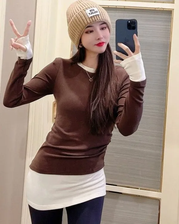 秋冬假两件复古撞色长袖T恤女修身内搭打底辣妹中长款包臀上衣潮