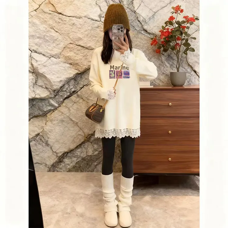 中长款蕾丝拼接内搭德绒保暖T恤女2025秋冬显瘦遮屁股打底衫上衣