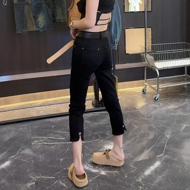 2025秋季纯色高级开叉窄版烟管裤大码女装高腰显瘦百搭修身牛仔裤