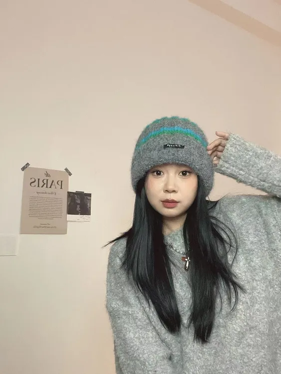 秋冬撞色条纹针织毛线帽百搭保暖护耳帽大头围显脸小冷帽