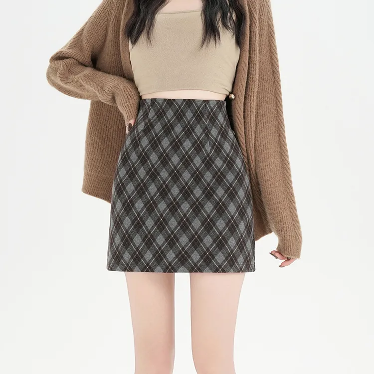 2025秋冬韩版复古高腰毛呢斜格包臀A字半身裙