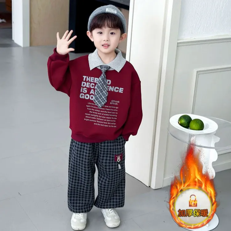 男童加绒套装秋冬款2025新款儿童潮酷加厚卫衣男孩冬季韩版两件套