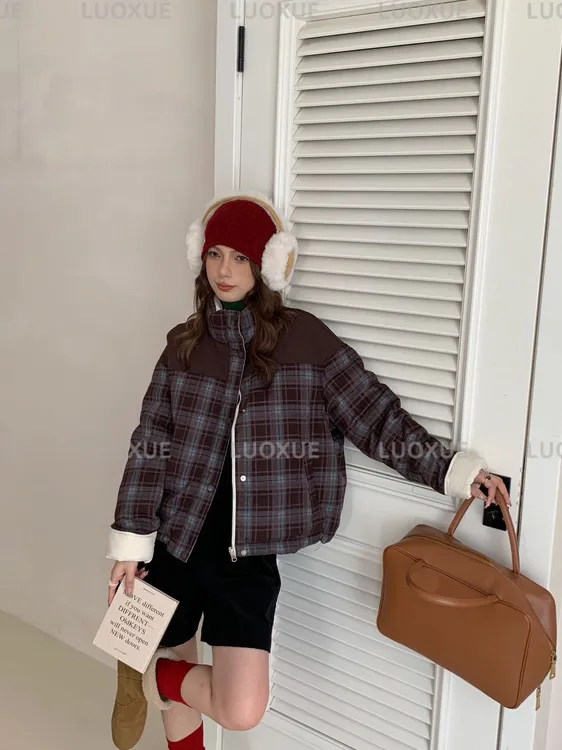 LUOXUE韩版格纹90绒双面穿保暖轻职风羽绒服90白鸭绒秋冬百搭短款