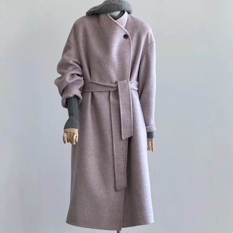 紫色双面羊毛大衣女秋冬新款温柔立领系带双面绒气质高级毛呢外套