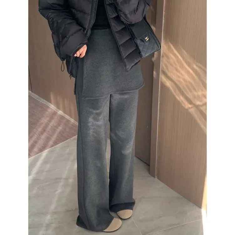 【两穿屁帘裤】加长秋冬慵懒可拆卸屁帘休闲毛呢阔腿喇叭裤 25473