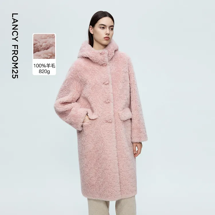 朗姿立领连帽通勤人造皮草外套优雅大衣2025年冬季新款
