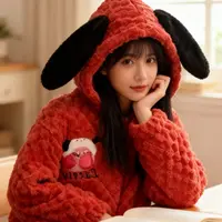 女士秋冬季加绒加厚三层夹棉珊瑚绒连帽保暖睡衣可外穿