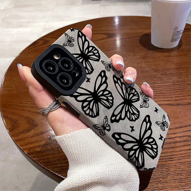 黑色蝴蝶适用苹果17新款iPhone17pro防摔16手机壳15翻毛皮14校园X