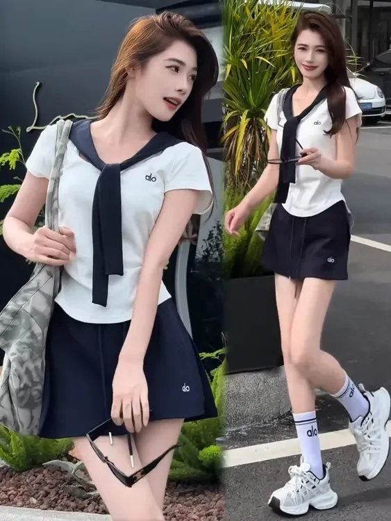 小个子穿搭时尚2025夏季新款显瘦百搭V领短袖T恤半身短裙裤两件套