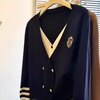1204 韩系穿搭假两件V领针织开衫设计感刺绣上衣