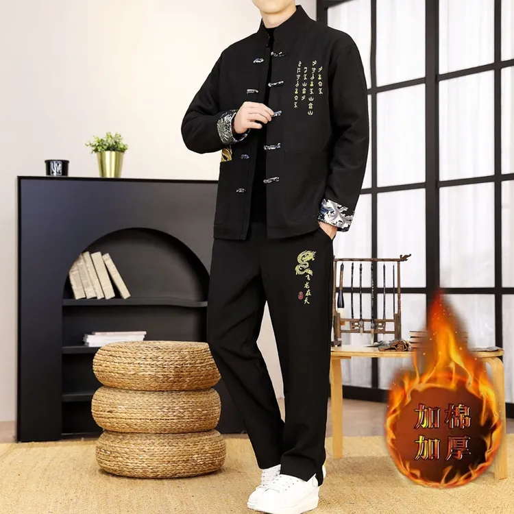 男士中国风夹克套装加棉加厚保暖棉衣外套冬季复古新中式休闲唐装