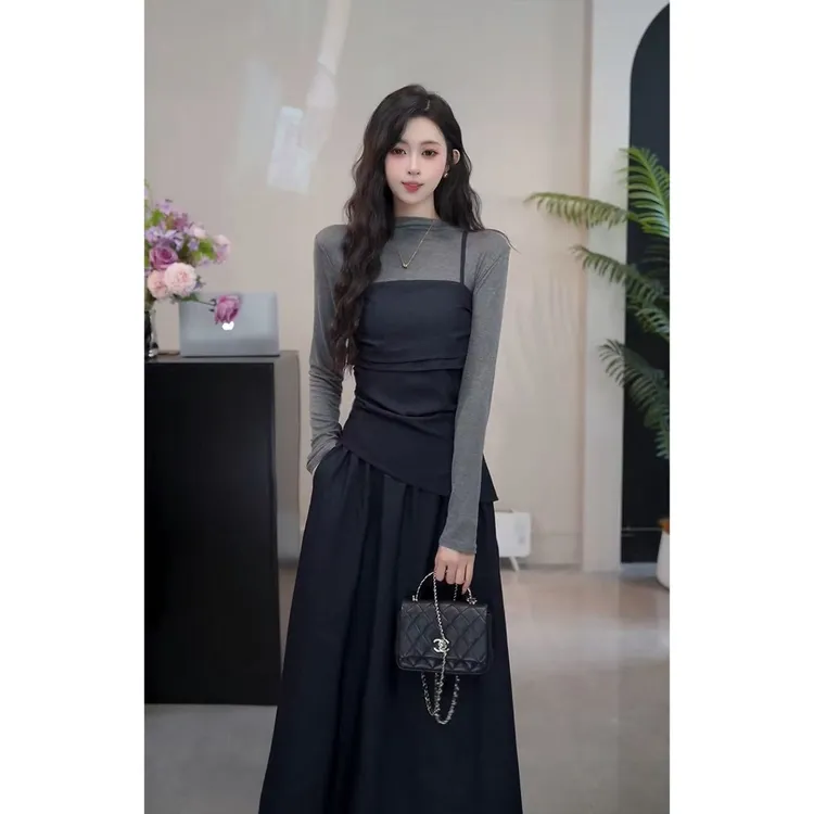 YUANLIANSU/圆脸酥【镜水无忧】设计感吊带+拼色连衣裙两件套女秋季