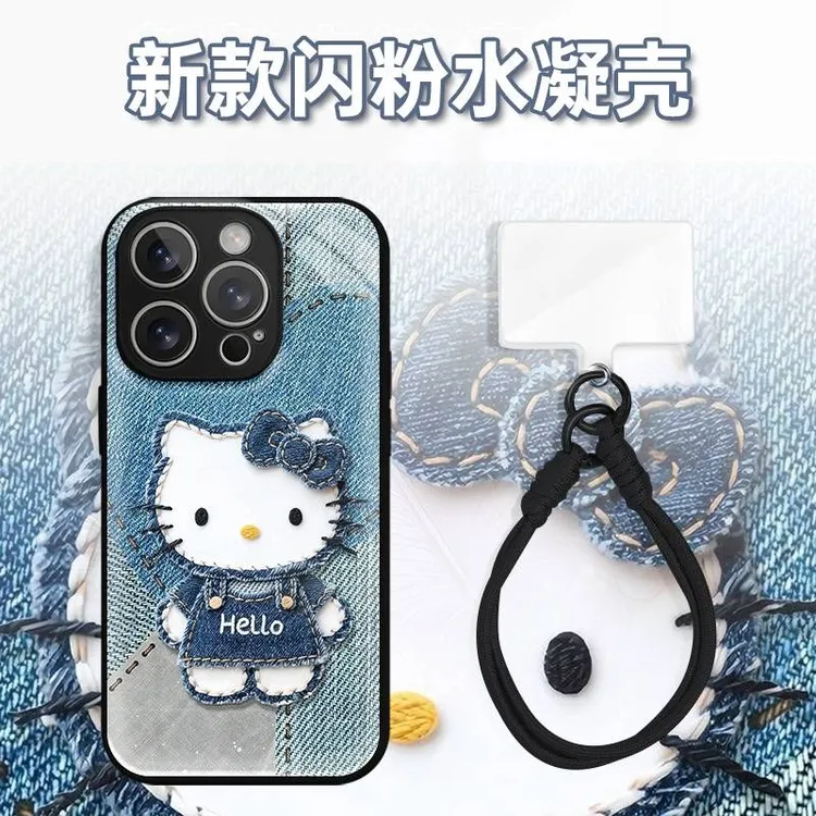 爱心KT牛仔布水凝玻璃壳适用iPhone苹果16手机壳华为oppo小米vivo