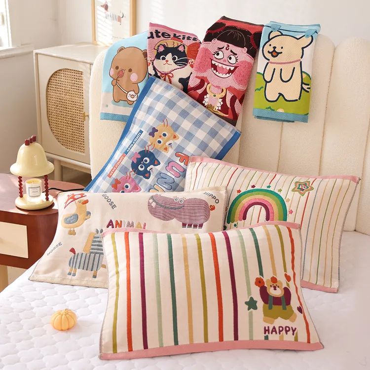 八层加厚纯棉纱布儿童枕巾单人家用卡通柔软透气全棉宝宝枕头盖巾