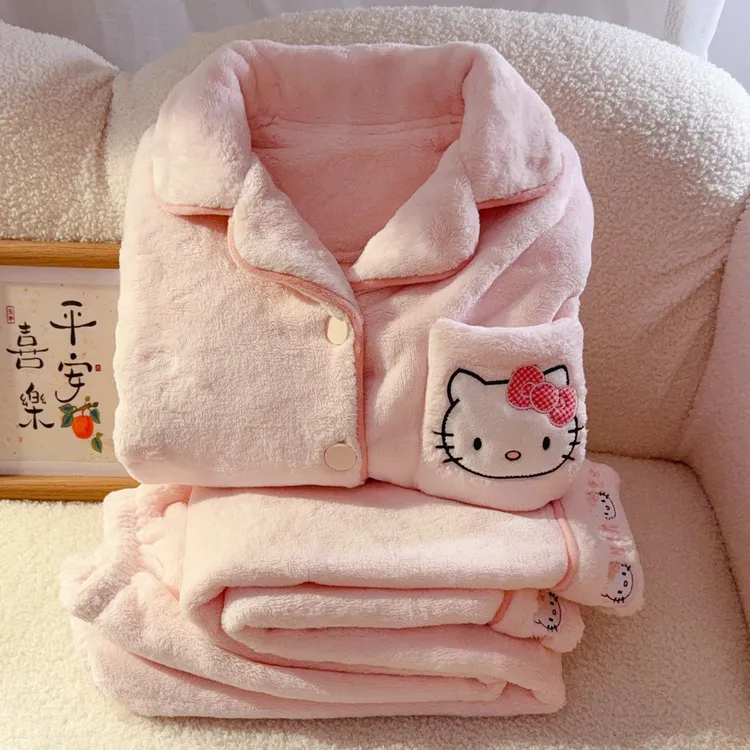 hellokitty珊瑚绒睡衣女童秋冬季加厚保暖法兰绒女孩中大童家居服