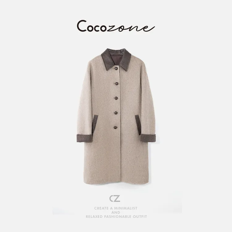 COCO ZONE 刘一一“编织领大衣”绵羊毛混纺单排扣外套CD2A2014