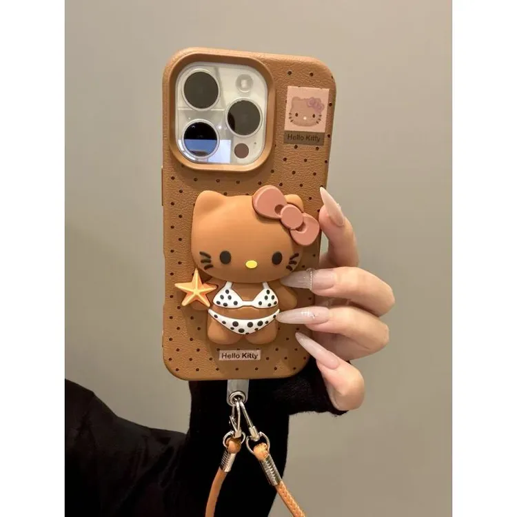 可爱波点黑皮比基尼猫咪适用iphone16promax苹果15pr手机壳14皮纹