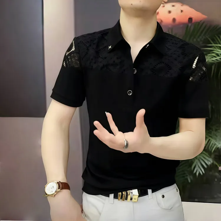 男士夏季半袖修身薄款POLO商务镂空男士秋装男款男生衣服高级外套