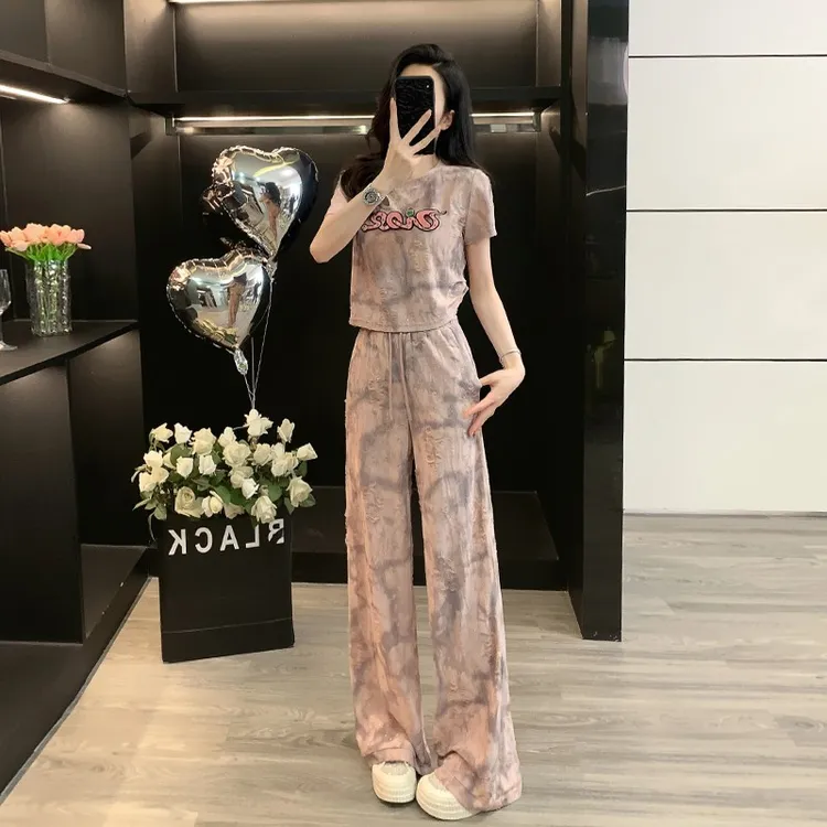 欧货粉色镶钻短袖阔腿裤套装女夏季显瘦减龄时尚休闲运动两件套