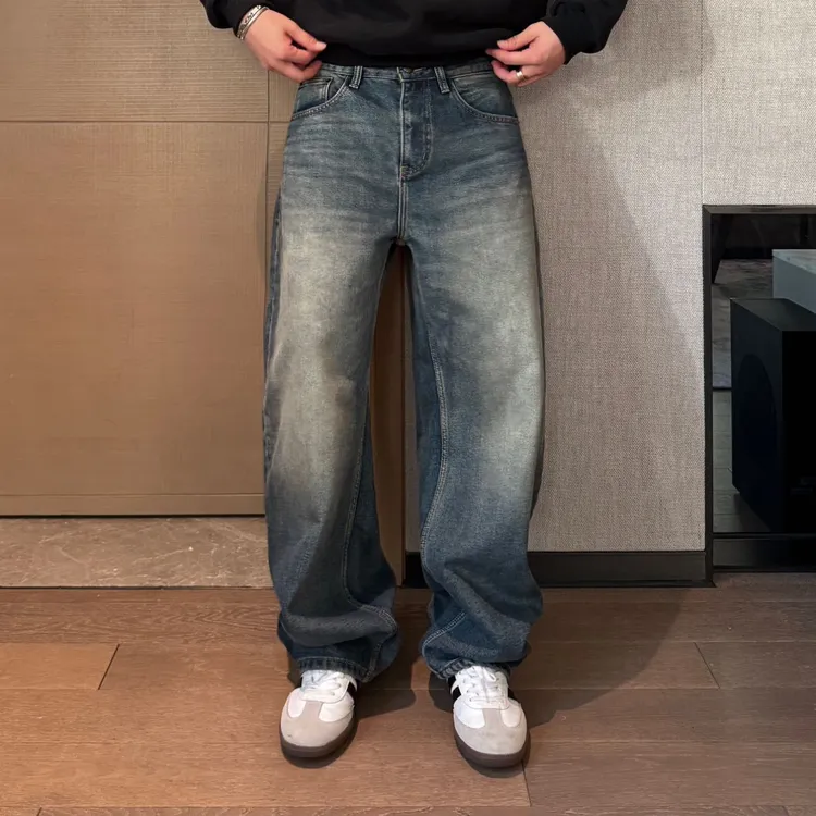 【磨毛加厚】阿信冬季新款男香蕉小弯刀洗水蓝色加绒直筒宽松牛仔裤