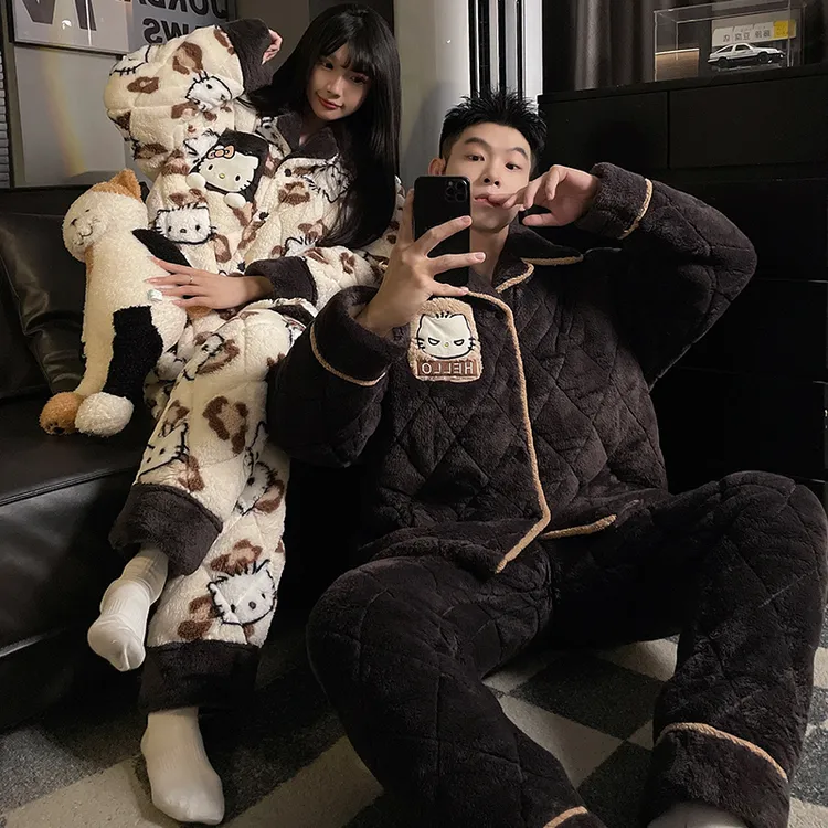 三层夹棉加厚情侣睡衣女款秋冬季卡通KT猫加绒保暖一男一女家居服