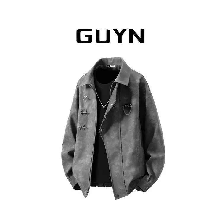 【品牌正品现货】GUYN黑灰色翻领夹克男春秋新款美式高街飞行员外套