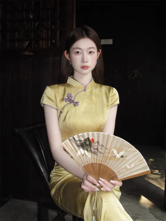 少女收腰低开衩日常旗袍复古绿色印花斜襟复古风新中式民族风