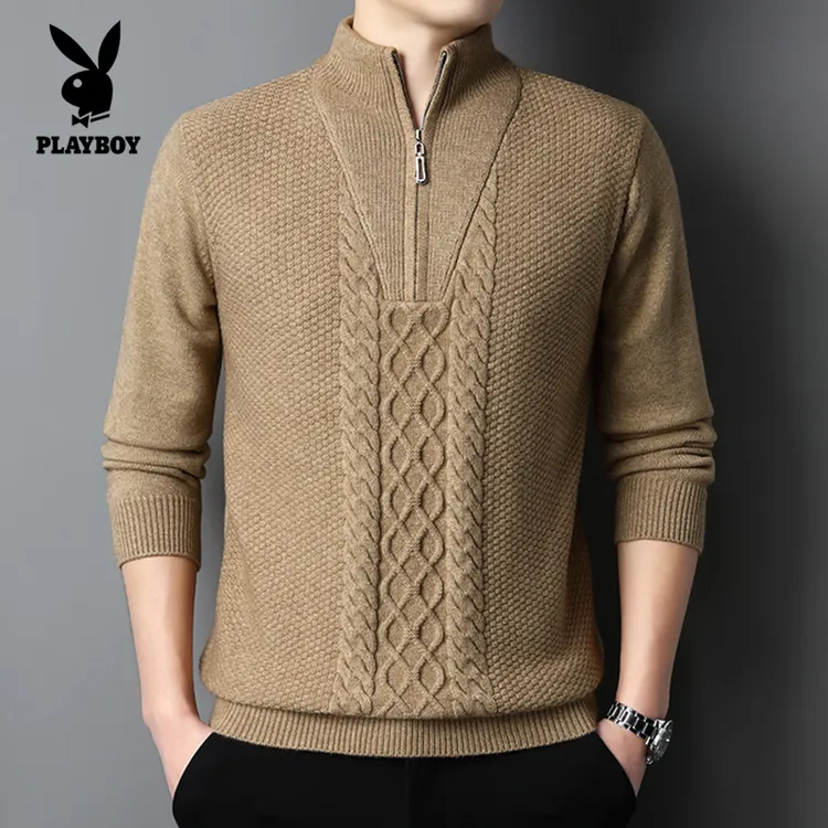 花花公子高级感立领毛衣男秋冬潮牌痞帅针织衫2025新款内搭打底衫