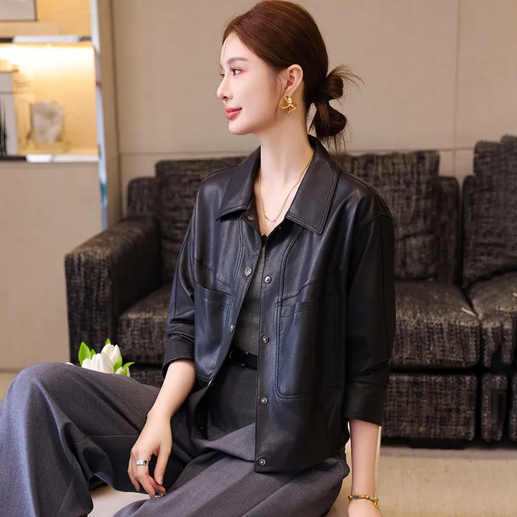 卡若维娅海宁高级感真皮皮衣女短款小个子显瘦夹克黑色绵羊皮外套