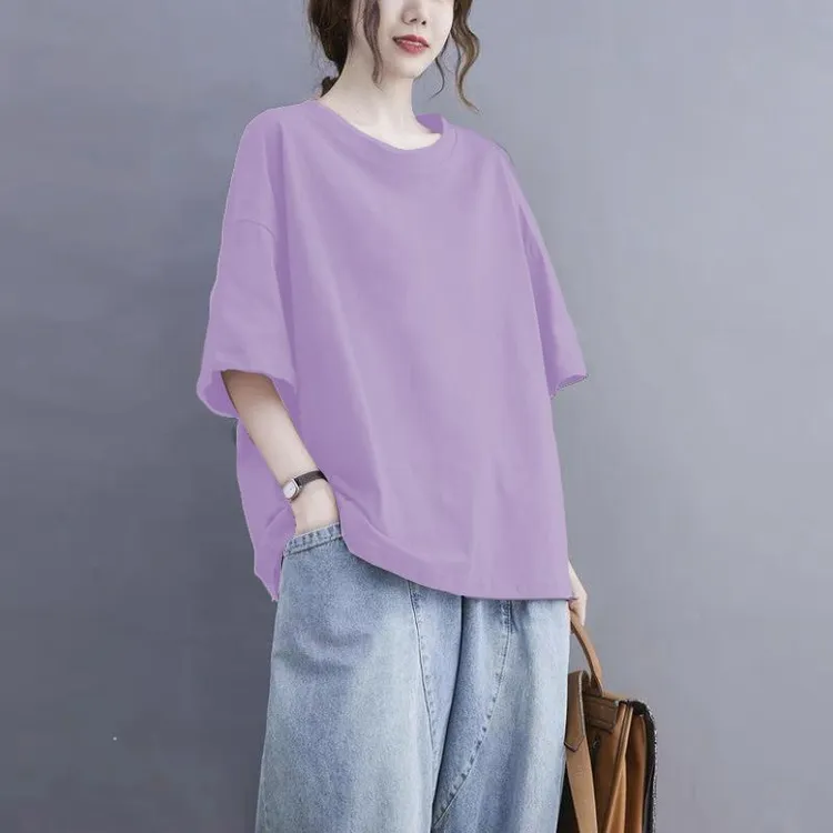 100%棉短袖T恤女夏季大码胖mm显瘦宽松休闲百搭纯色圆领半袖上衣T