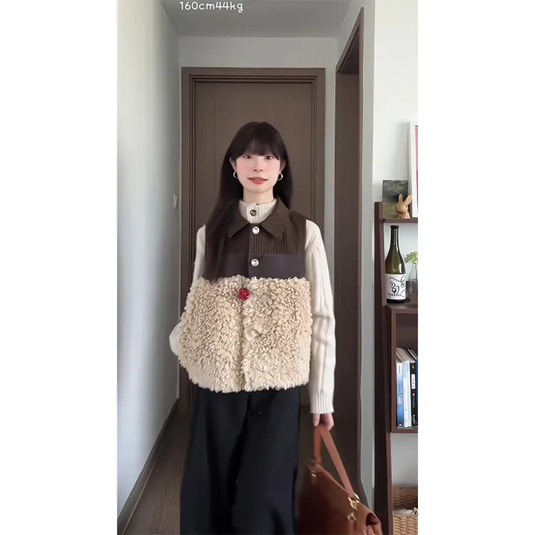 秋冬新款女士时尚百搭针织毛衣复古格纹拼接马甲背心显瘦休闲裤子