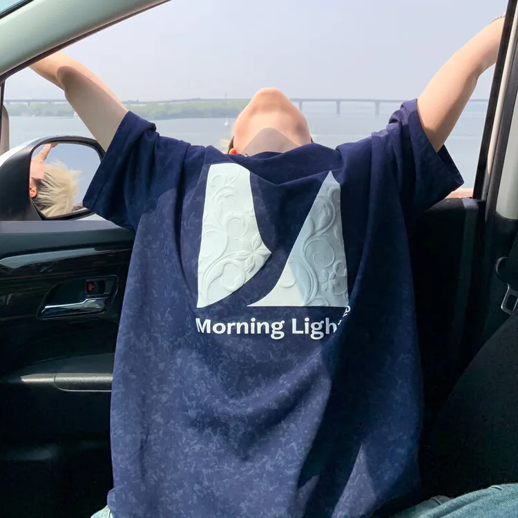 藏青短袖t恤男夏季2025新款美式刺绣情侣半袖体恤青少年潮流上衣T