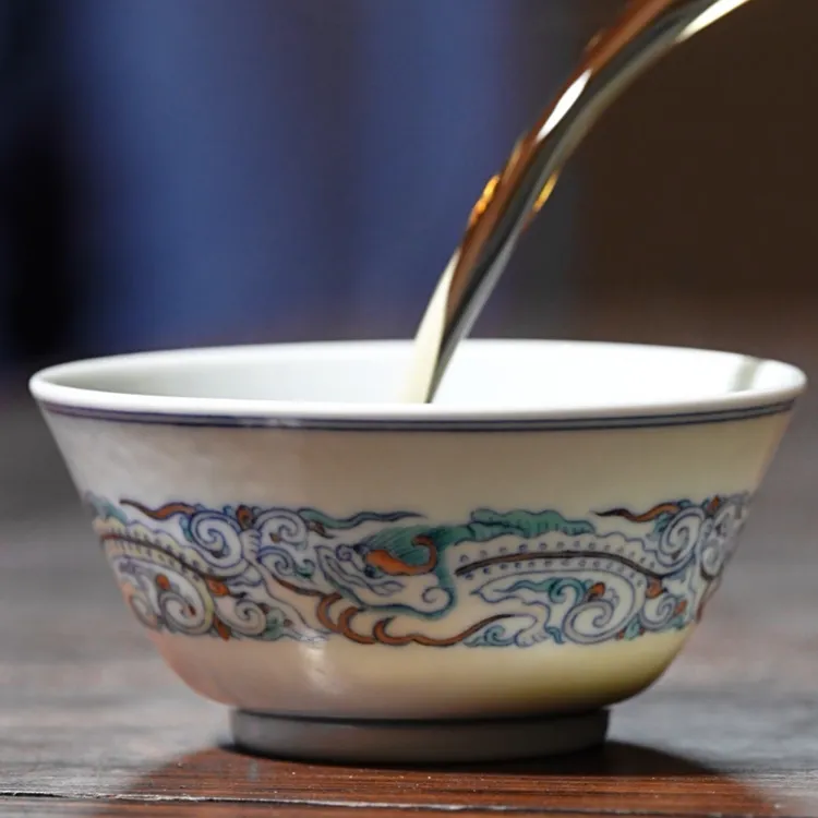 赏瓷观窑青花斗彩缠枝五龙撇口杯（新品）