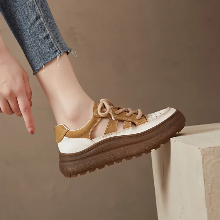 真皮休闲包头厚底镂空洞洞凉鞋女运动板鞋2025夏季新款复古学生鞋