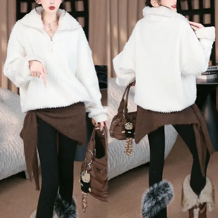 2025秋冬新款时尚设计感半拉链加绒保暖上衣简约通勤纯色百搭卫衣