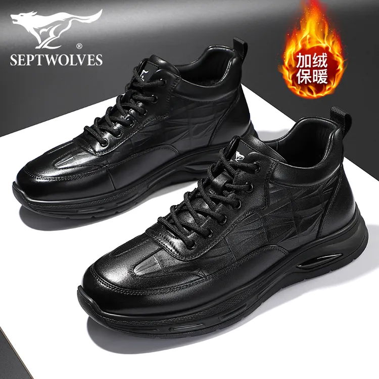 七匹狼男士冬季棉鞋加绒保暖皮鞋防滑真皮休闲鞋黑色皮面中年靴子