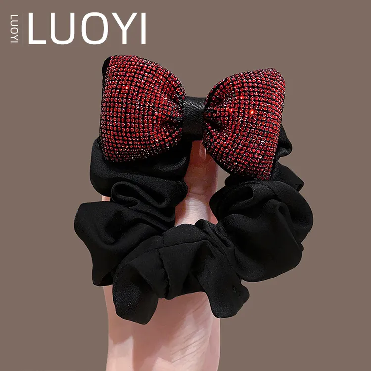 新款气质蝴蝶结发圈时尚大肠发圈女红色水钻扎发高弹力头绳发饰