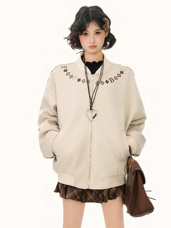 美式复古民族风秋季织带刺绣拼接夹克女设计感小众休闲宽松外套潮