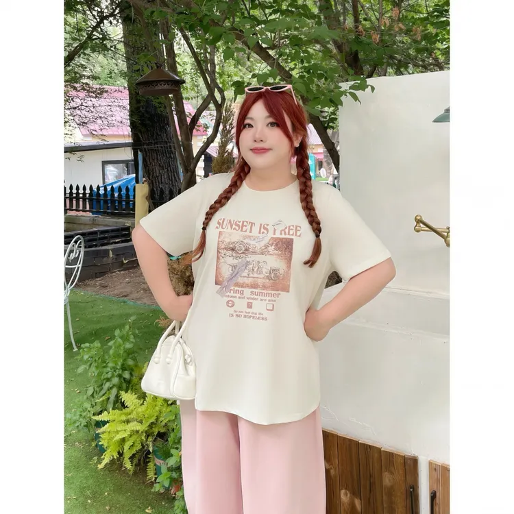 花契“木瓜甜汐”大码女装夏季简约200斤胖mm韩系印花短袖T 18768-C