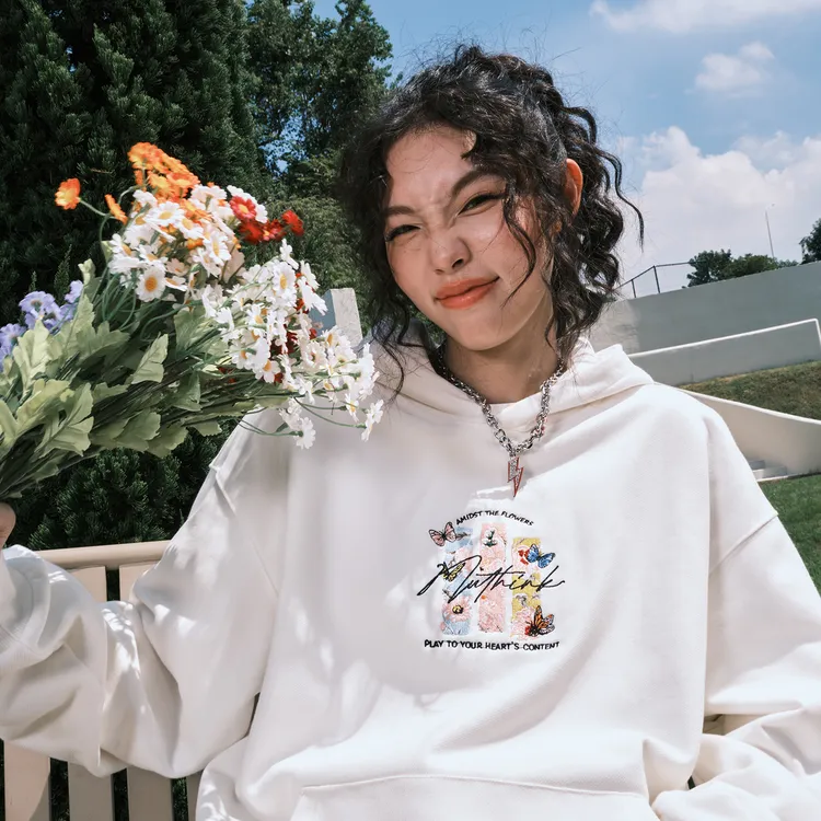 Nuthink美式复古蝴蝶花卉刺绣连帽卫衣潮牌百搭男女情侣秋冬新款