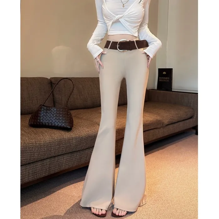 卡其色腰带休闲裤女秋季修身高腰微喇叭裤子弹力百搭马蹄拖地长裤