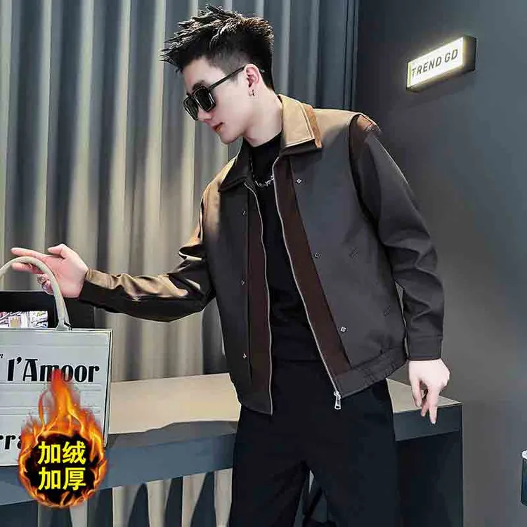 拼接撞色皮衣外套男士秋冬季设计感男装上衣2025新款痞帅休闲夹克