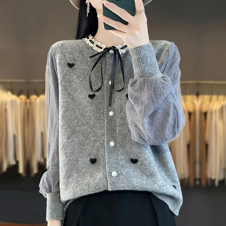 胖mm春秋大码毛衣女2025新款洋气内搭针织打底羊毛衫蕾丝开衫外套