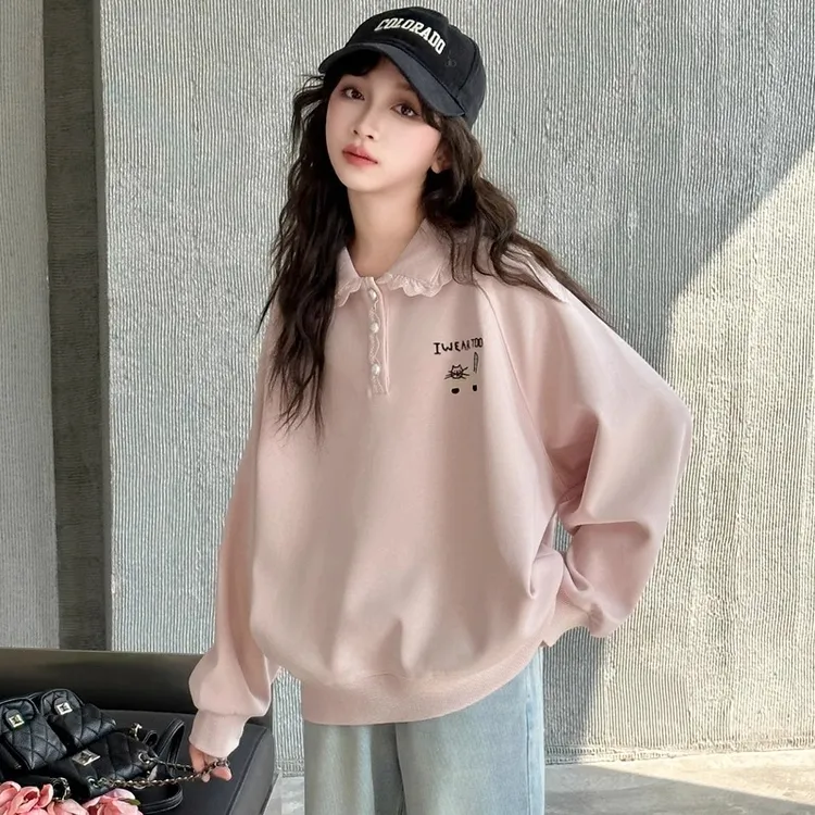 女童卫衣春秋款2025新款儿童女孩春装洋气休闲中大童长袖翻领上衣