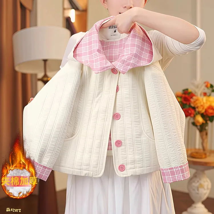 女童夹棉外套秋冬2025新款轻薄二棉格子拼接棉服保暖绗棉棉袄洋气
